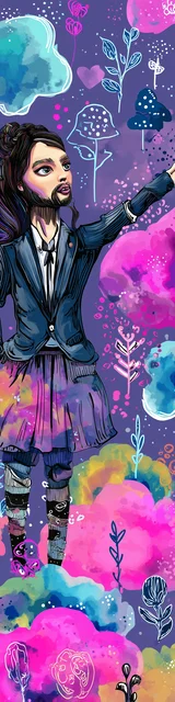 Free teacher bookmark featuring a male teacher pointing with puffy floral patterns